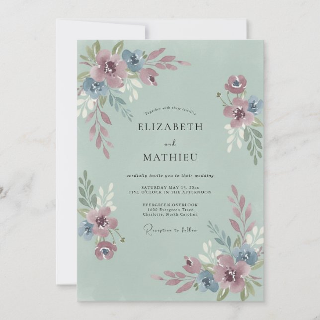 Invitation Mariage Romantique Fleur Bleue Poussiéreuse (Devant)