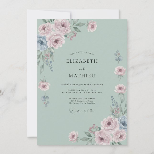 Invitation Mariage Romantique Fleur Bleue Poussiéreuse (Devant)