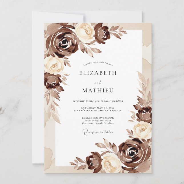 Invitation Mariage Romantique Fleur Brun (Devant)