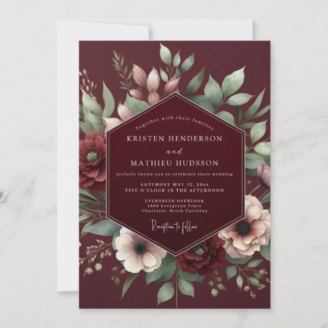 Invitation Mariage Romantique Fleur Burgonde Dorée (Devant)
