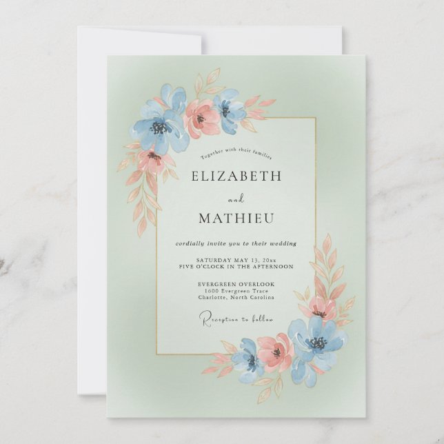 Invitation Mariage Romantique Fleur Coral Bleu Ciel (Devant)