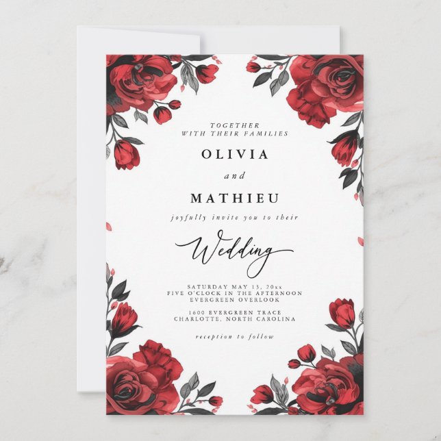 Invitation Mariage Romantique Fleur Crimson (Devant)