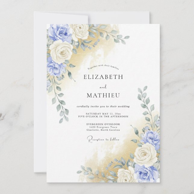 Invitation Mariage Romantique Fleur de Aquarelle Bleue (Devant)