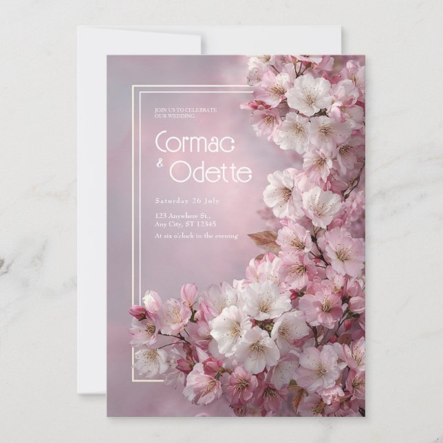 Invitation Mariage Romantique Fleur de Cerisier Blanc Cadre D (Devant)