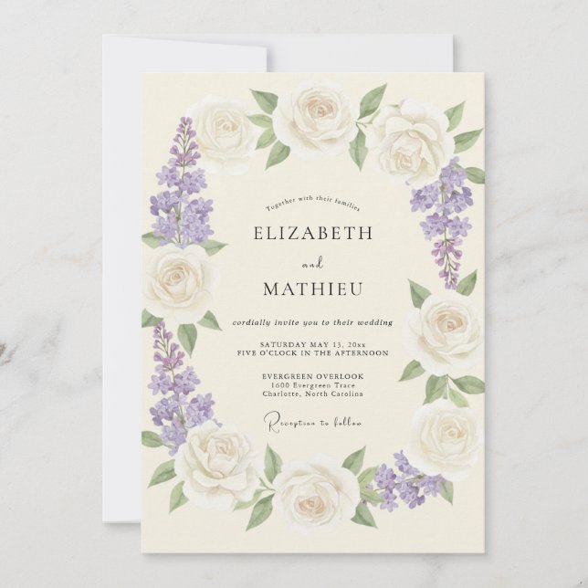 Invitation Mariage Romantique Fleur de Crème de Lavande (Devant)