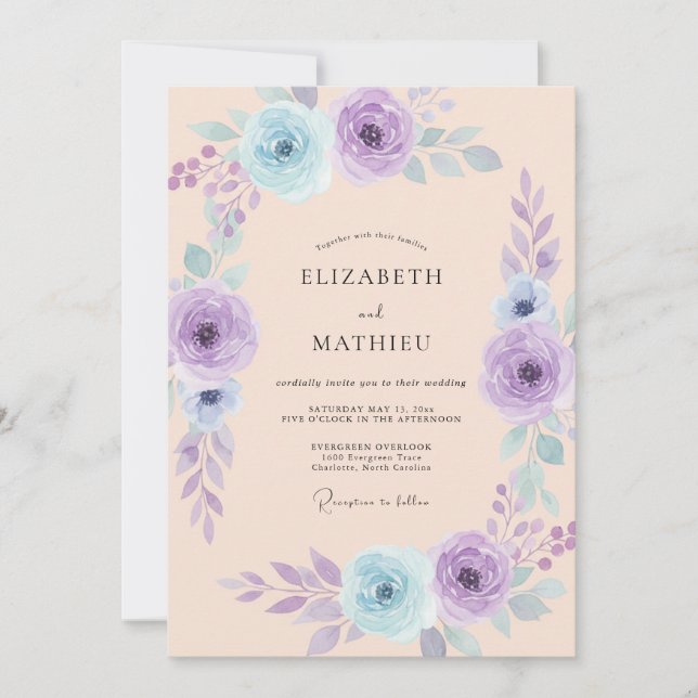 Invitation Mariage Romantique Fleur de Lavande Bleue (Devant)