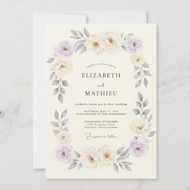 Invitation Mariage Romantique Fleur de Lavande Crème (Devant)