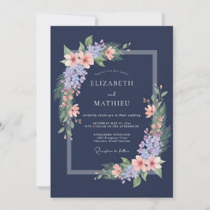 Invitation Mariage Romantique Fleur de Lilas Bleu Marine