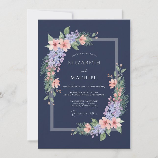 Invitation Mariage Romantique Fleur de Lilas Bleu Nuit (Devant)