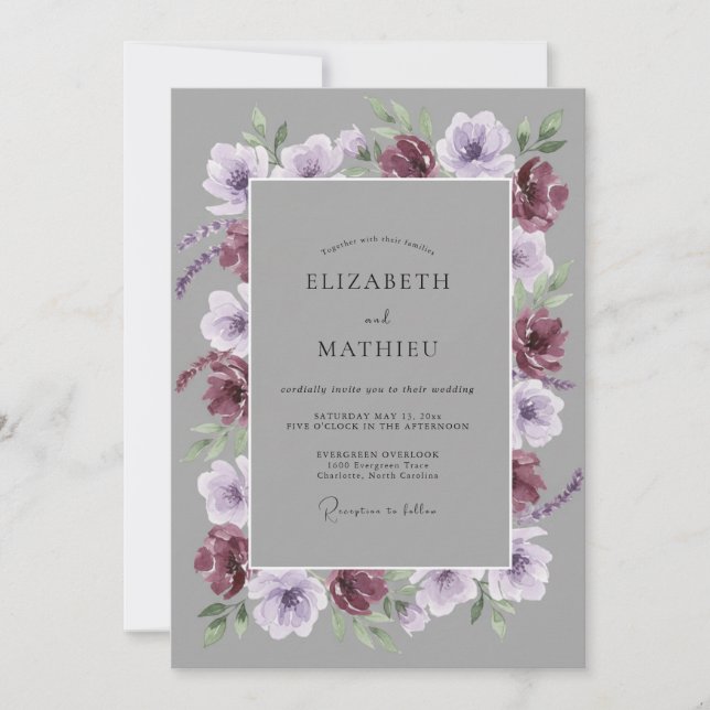 Invitation Mariage Romantique Fleur de Lilas Bourgogne (Devant)