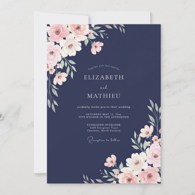 Invitation Mariage Romantique Fleur de Navy (Devant)