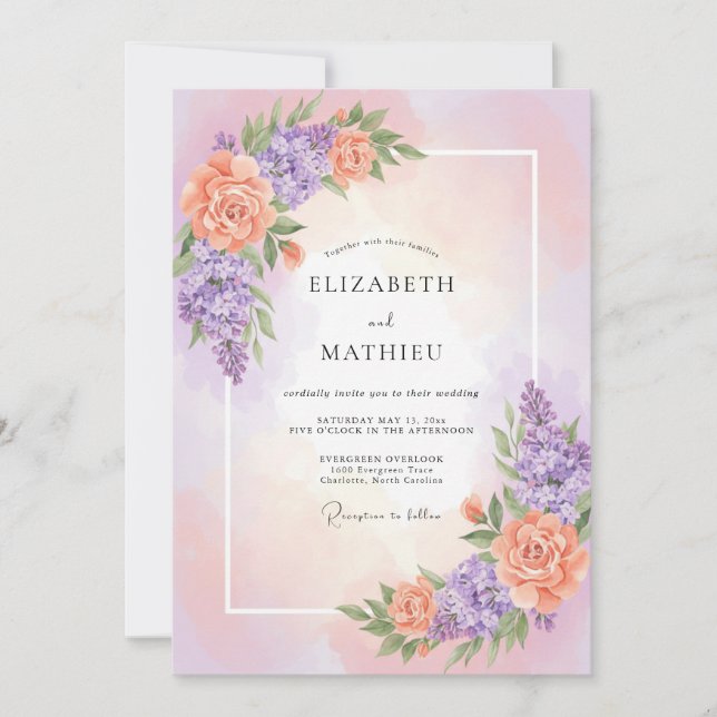 Invitation Mariage Romantique Fleur de Pêcher Lavande (Devant)
