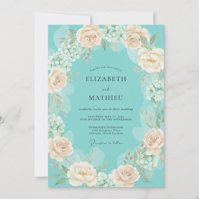 Invitation Mariage Romantique Fleur de Pêcher Turquoise (Devant)