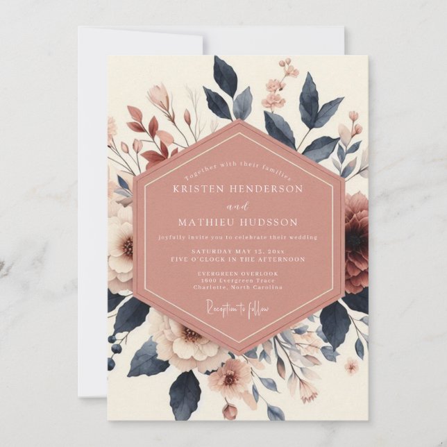 Invitation Mariage Romantique Fleur de Rose Poussiéreuse (Devant)