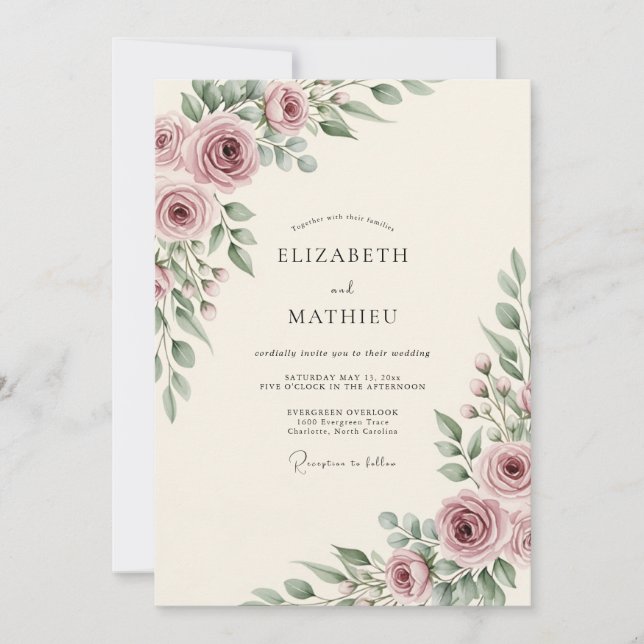 Invitation Mariage Romantique Fleur de Rose Poussiéreuse (Devant)