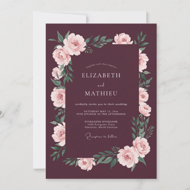 Invitation Mariage Romantique Fleur de Rosier Bourguignon (Devant)
