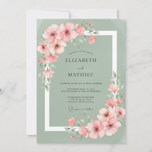 Invitation Mariage Romantique Fleur de Saxe Rose (Devant)
