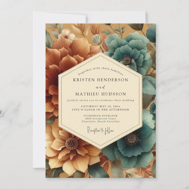 Invitation Mariage Romantique Fleur de Teal Ambre (Devant)
