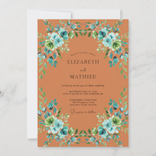 Invitation Mariage Romantique Fleur de Térracotta Bleu Cyan