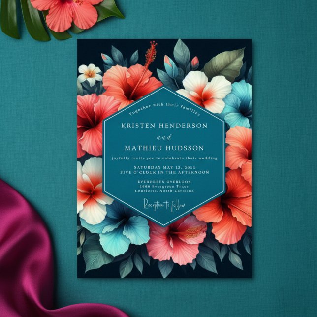 Invitation Mariage Romantique Fleur d'Hibiscus Sarcelle (Créateur téléchargé)
