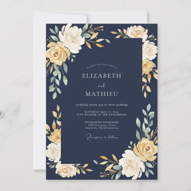 Invitation Mariage Romantique Fleur d'Or Navy (Devant)