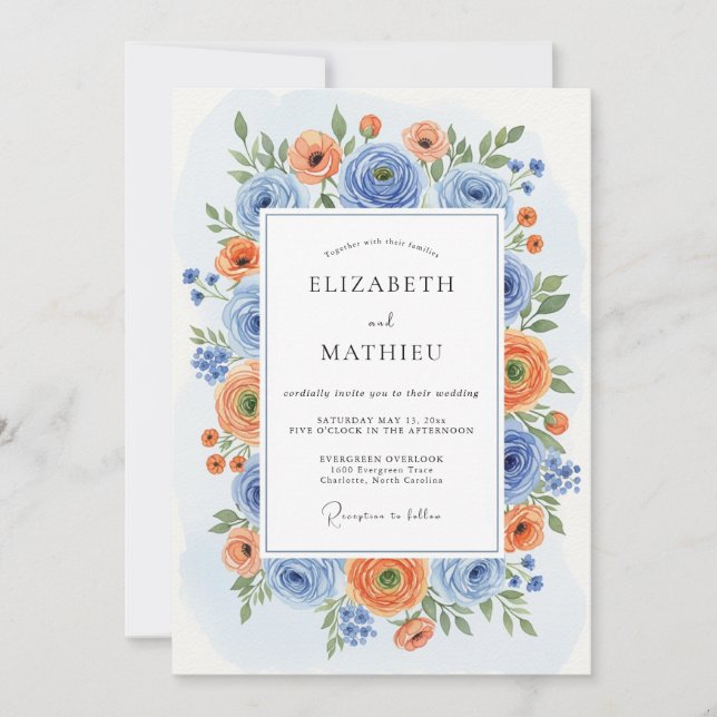 Invitation Mariage Romantique Fleur d'Oranger Bleue (Devant)