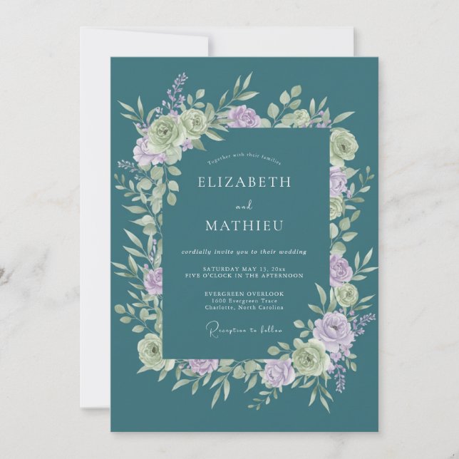 Invitation Mariage Romantique Fleur Douce Sarcelle (Devant)