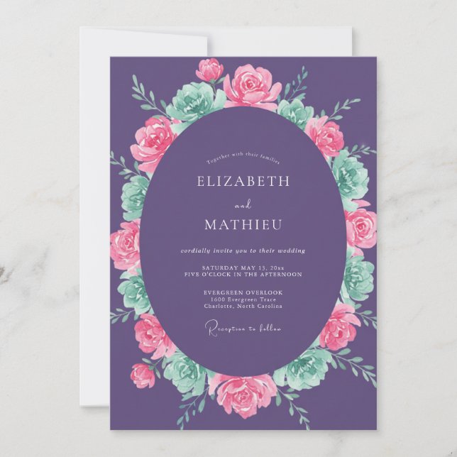 Invitation Mariage Romantique Fleur Fleurie Violette (Devant)