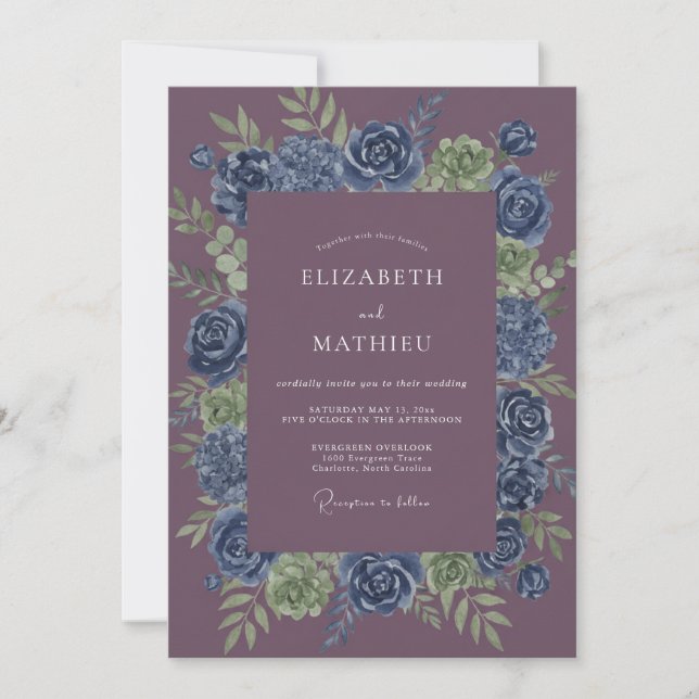 Invitation Mariage Romantique Fleur Indigo (Devant)