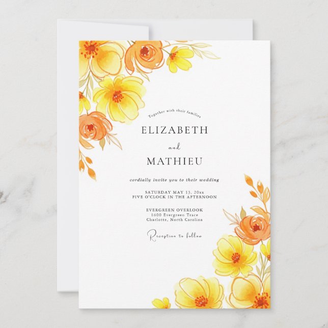 Invitation Mariage Romantique Fleur Jaune (Devant)