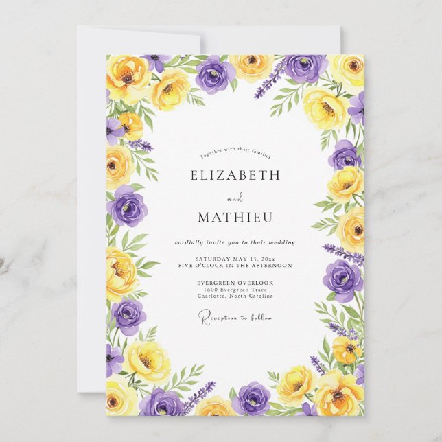Invitation Mariage Romantique Fleur Jaune Violet (Devant)
