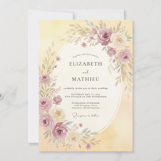 Invitation Mariage Romantique Fleur Mauve (Devant)