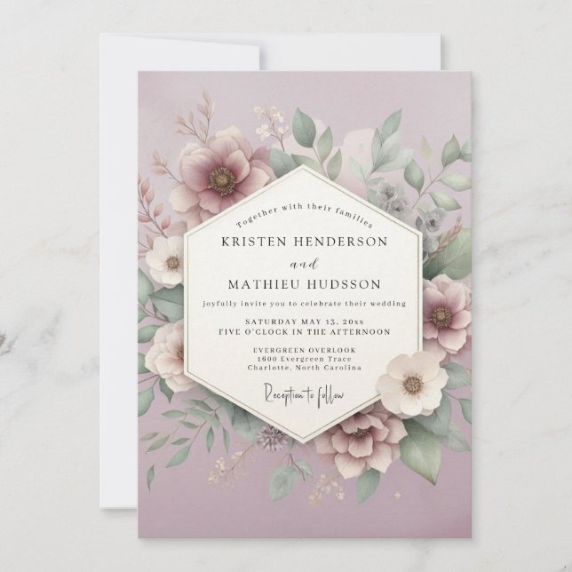 Invitation Mariage Romantique Fleur Mauve (Devant)