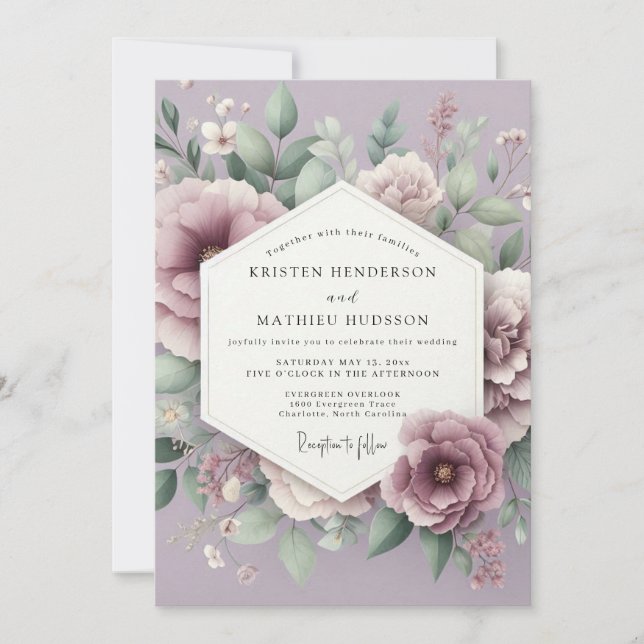 Invitation Mariage Romantique Fleur Mauve (Devant)