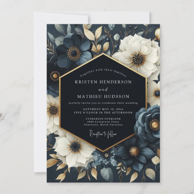 Invitation Mariage Romantique Fleur Navy (Devant)