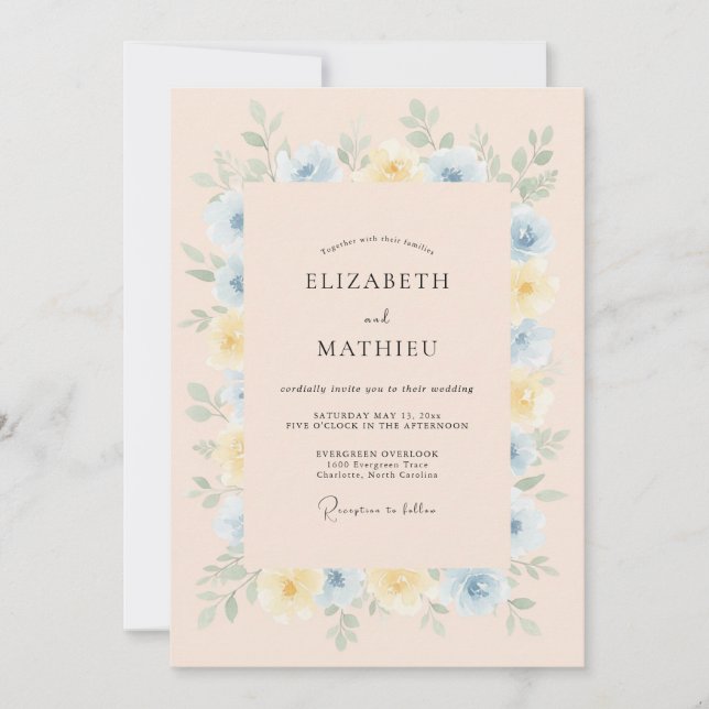Invitation Mariage Romantique Fleur Pâle Bleue (Devant)