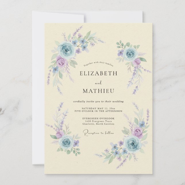 Invitation Mariage Romantique Fleur Pâle Bleue (Devant)