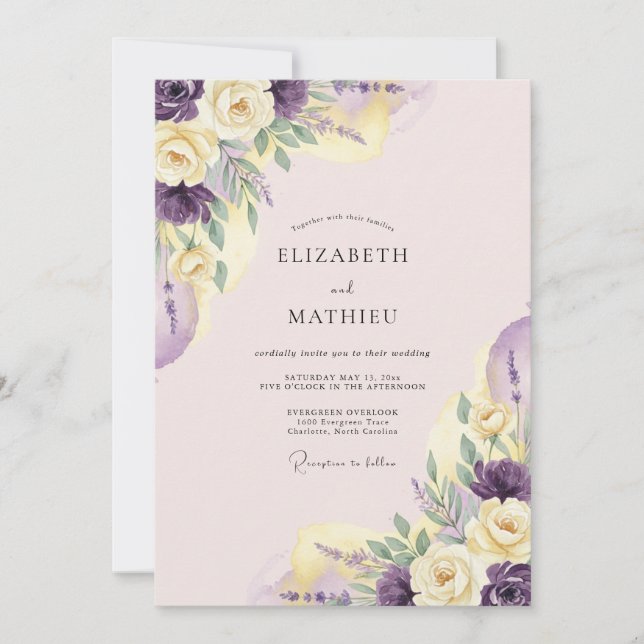 Invitation Mariage Romantique Fleur Pastel Pourpre (Devant)