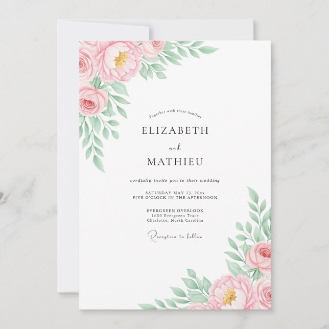 Invitation Mariage Romantique Fleur Pastel Rose (Devant)