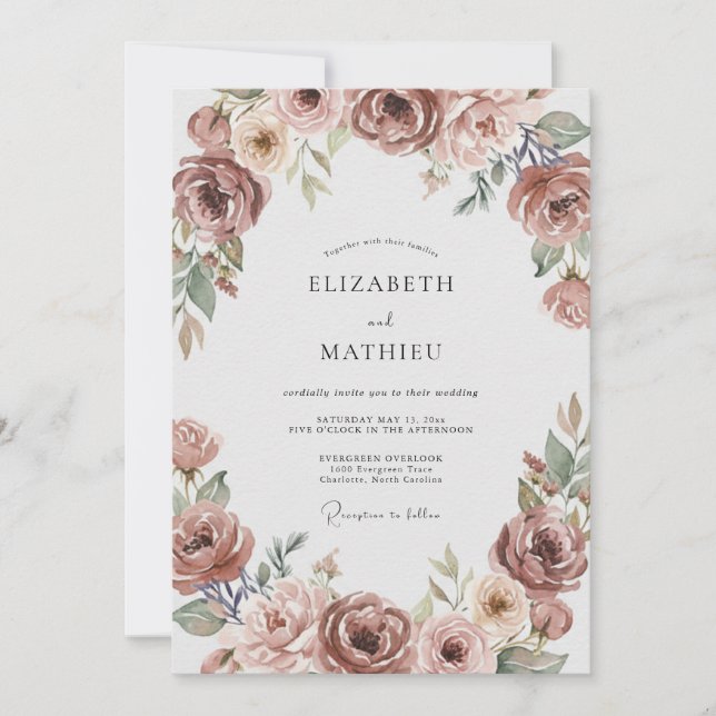 Invitation Mariage Romantique Fleur Rose (Devant)