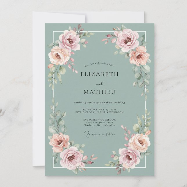 Invitation Mariage Romantique Fleur Rose Sauge (Devant)