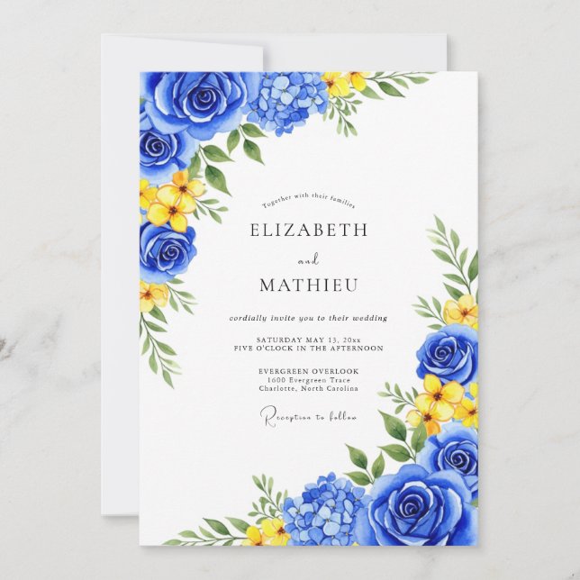 Invitation Mariage Romantique Fleur Royale Bleue (Devant)