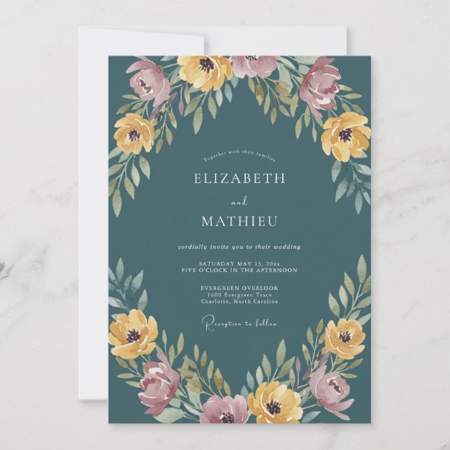Invitation Mariage Romantique Fleur Teal (Devant)