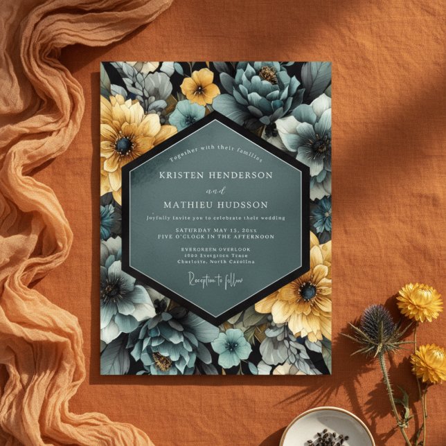 Invitation Mariage Romantique Fleur Teal Jaune (Créateur téléchargé)