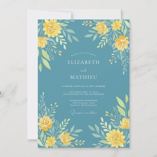 Invitation Mariage Romantique Fleur Teal Jaune (Devant)