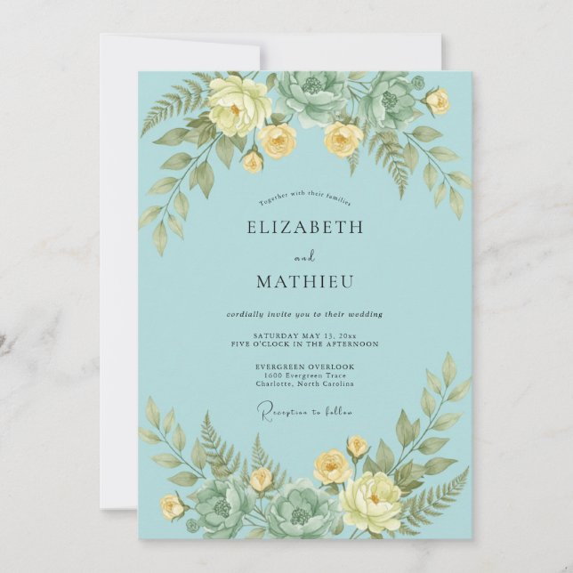 Invitation Mariage Romantique Fleur Teal Verdant (Devant)