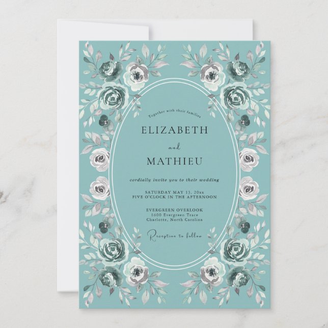 Invitation Mariage Romantique Fleur Teintée de Bleu Vert (Devant)