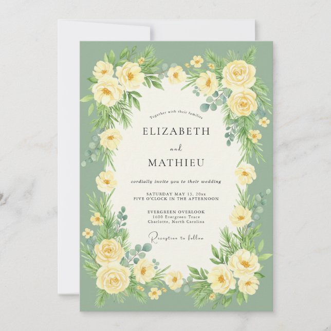 Invitation Mariage Romantique Fleur Verte Sauge (Devant)