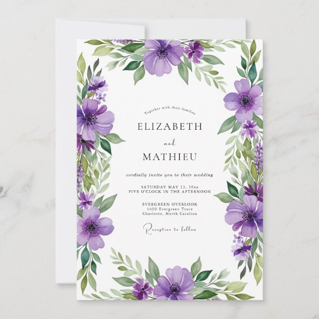 Invitation Mariage Romantique Fleur Violette (Devant)
