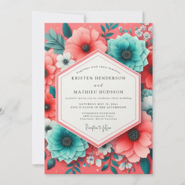 Invitation Mariage Romantique Fleuraison de Corail et de Sarc (Devant)